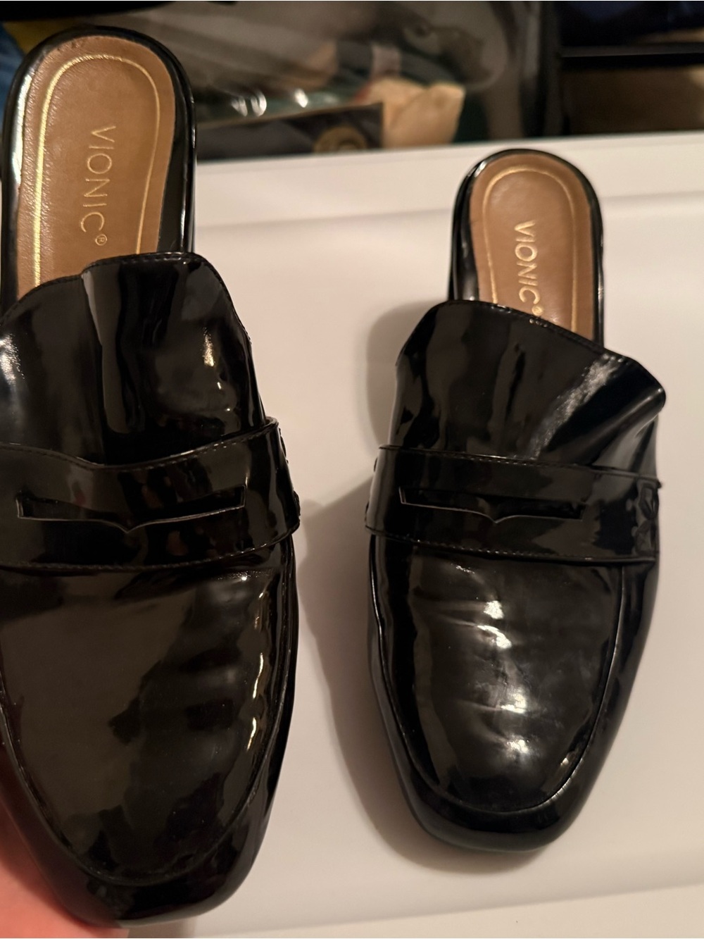 Vionic Black Patent Leather Slip-On Mules